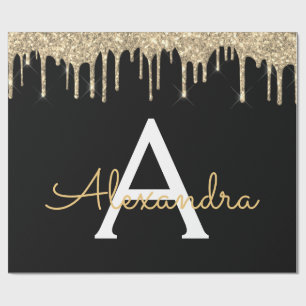Gold Black Luxury Glitter Glam Monogram Naam Cadeaupapier