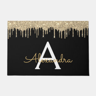 Gold Black Luxury Glitter Glam Monogram Naam Deurmat