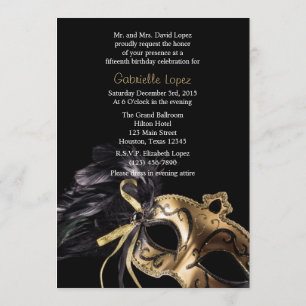 Gold Black Masquerade Ball Quinceanera Uitnodiging
