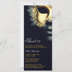 Gold Black Masquerade Sweet 16 Birthday Invitation Kaart