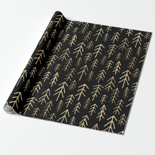 Gold Black Merry Tree Pattern Wrapping Paper Cadeaupapier (Uitgerold)