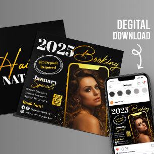 Gold Black Modern Hair Salon Instagram Flyer Kaart