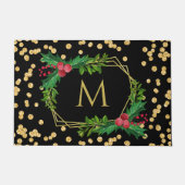 Gold Black Monogram Merry kerst Holly Glitter Deurmat (Voorkant)