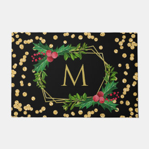 Gold Black Monogram Merry kerst Holly Glitter Deurmat