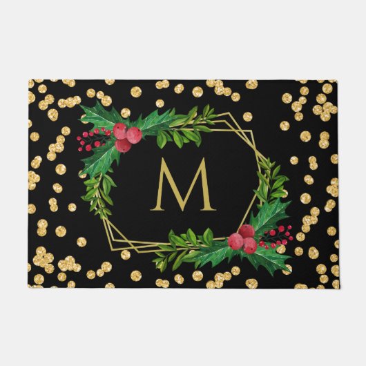 Gold Black Monogram Merry kerst Holly Glitter Deurmat (Voorkant)