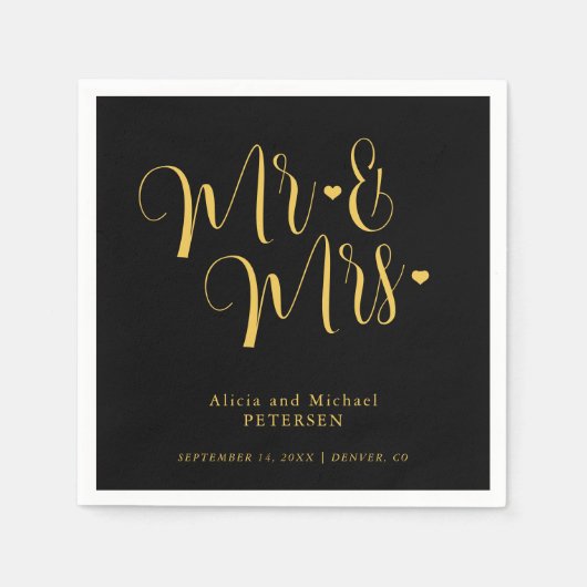 Gold black Mr en Mrs elegant script bruiloft Servet (Voorkant)