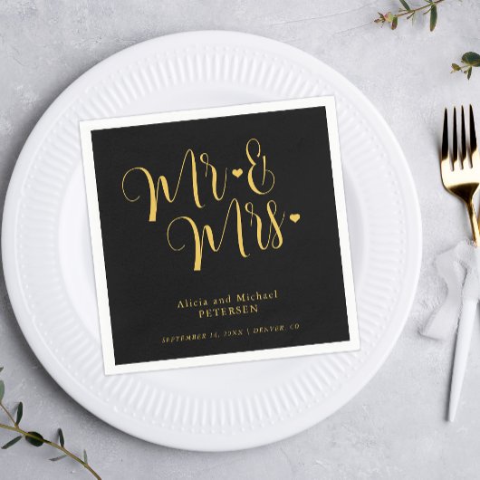 Gold black Mr en Mrs elegant script bruiloft Servet