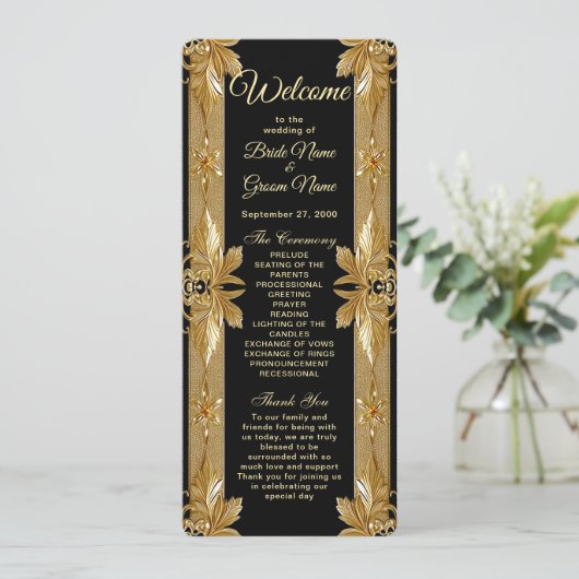 Gold Black Ornate Floral Wedding Programme (Debout devant)