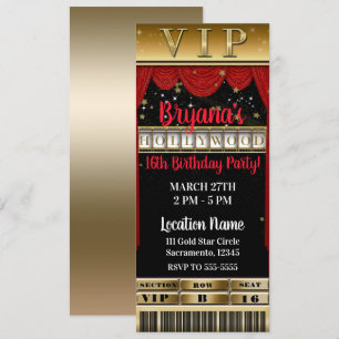 Gold Black Red HOLLYWOOD Birthday Party VIP Ticket Kaart