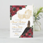 Gold Black Red Roses Masquerade Sweet 16 Kaart (Staand voorkant)