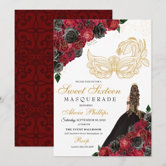 Gold Black Red Roses Masquerade Sweet 16 Kaart (Voorkant / Achterkant)