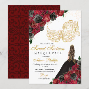 Gold Black Red Roses Masquerade Sweet 16 Kaart