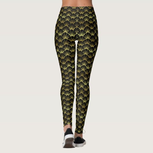 Gold Black Scallop Shell Art Deco Retro Patroon Leggings (Achterkant)