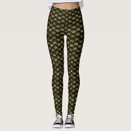 Gold Black Scallop Shell Art Deco Retro Patroon Leggings (Voorkant)