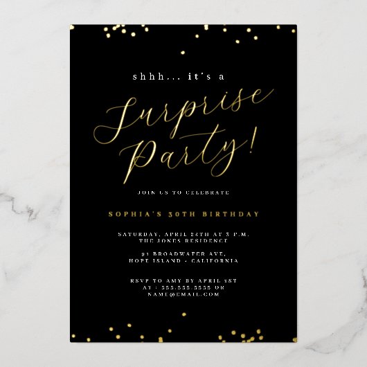 Gold Black Script Confetti Surprise Party Folie Uitnodiging (Voorkant)