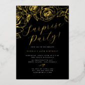 Gold Black Script Floral Surprise Party Folie Uitnodiging (Voorkant)