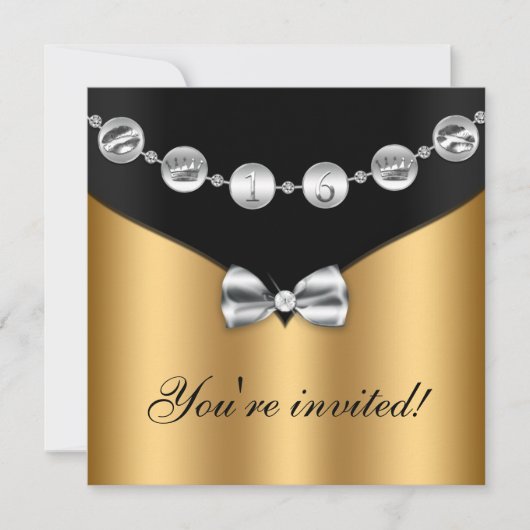 Gold Black Silver Bowed Charm Sweet Sixteen Invite Kaart (Voorkant)