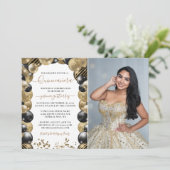 Gold Black Sparkle Quinceanera-ballon Uitnodigen f Kaart (Staand voorkant)