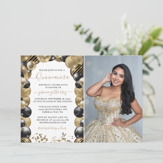 Gold Black Sparkle Quinceanera-ballon Uitnodigen f Kaart (Staand voorkant)