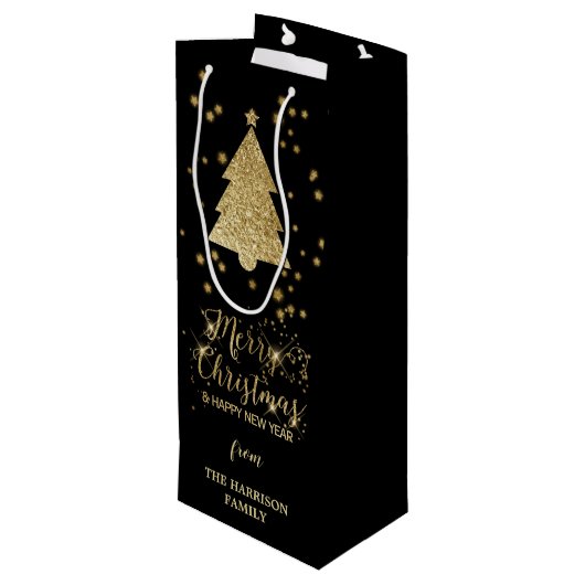 Gold Black Sparkles Merry-kerstboom Wijn Cadeautas (Achterkant Gekanteld)