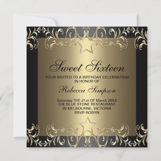 Gold & Black Star Sweet 16 Anniversaire Invitation (Devant)