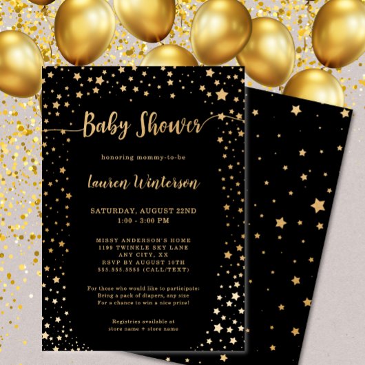 Gold Black Stars Baby shower Uitnodiging