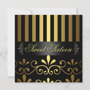 Gold/Black Stripe & Swirl Sweet 16 Invitation
