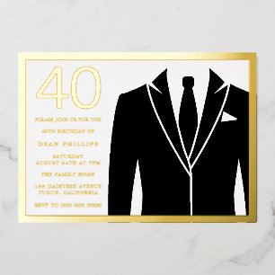 Gold & Black Suit & Stropdas 40th Birthday Party G Folie Uitnodiging