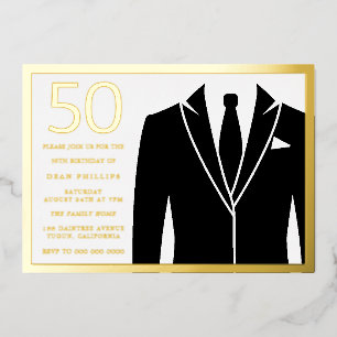 Gold & Black Suit & Stropdas 50th Birthday Party G Folie Uitnodiging