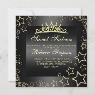 Gold/Black Sweet16 Star & Tiara Birthday Invite Kaart