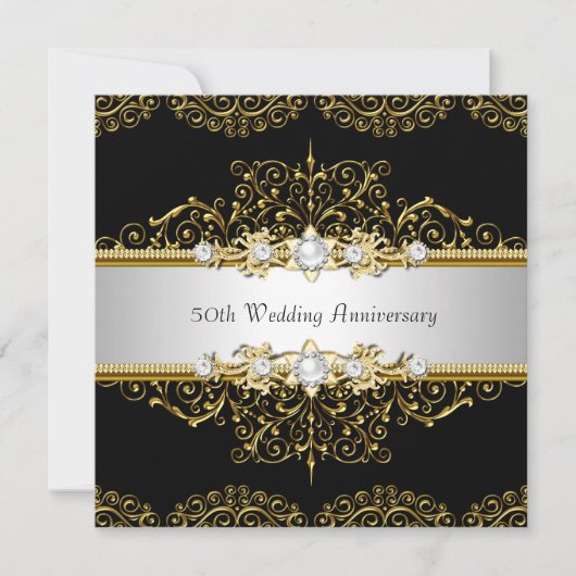 Gold Black Swirl 50th Wedding Jubileum Invite Kaart (Voorkant)