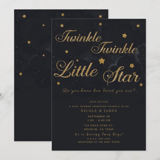 Gold Black Twinkle Stars Night Sky Baby shower Kaart (Voorkant / Achterkant)