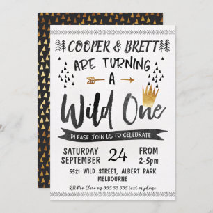 Gold Black Twins Wild One Birthday Invitation Kaart