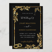 Gold Black Wedding Invitation - Rings & Champagne (Voorkant / Achterkant)