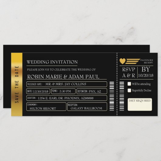 Gold & Black Wedding Ticket uitnodiging (Voorkant / Achterkant)
