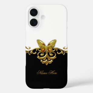 Gold Black White Butterfly iPhone 16 Hoesje
