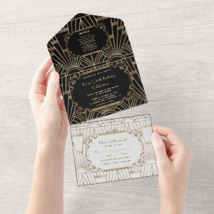 Gold Black White Great Gatsby Art Deco Birthday All In One Uitnodiging