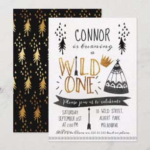 Gold Black Wild One Boys 1st Birthday Invitation