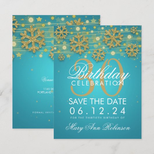 Gold Blauwgroen 30th Birthday Save Date Winter Kaart (Voorkant / Achterkant)