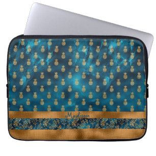 Gold Blauwgroen anananas Floral Elegant Name Laptop Sleeve