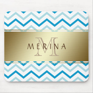 Gold Blauwgroen Beach Chevron Pattern Monogram Muismat