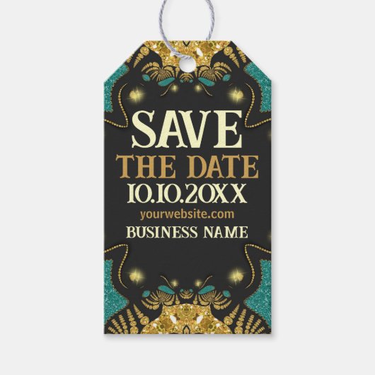 Gold Blauwgroen Black Funky Tribal Save the Date Cadeaulabel (Voorkant)
