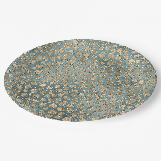 Gold Blauwgroen Blue Glitzy Leopard Print Papieren Bordje (Gekanteld)