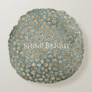 Gold Blauwgroen Blue Glitzy Leopard Print      Rond Kussen