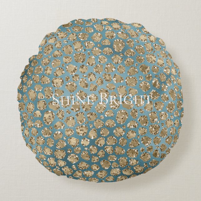 Gold Blauwgroen Blue Glitzy Leopard Print      Rond Kussen (Voorkant)