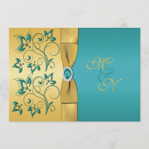 Gold, Blauwgroen Floral Monogram Weddenschap Kaart
