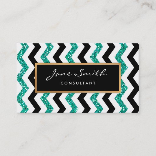 Gold, Blauwgroen glitter, zwart-wit Chevron Patter Visitekaartje (Voorkant)