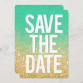 Gold Blauwgroen Ombre Glitter Save the Date Typogr Kaart (Voorkant / Achterkant)