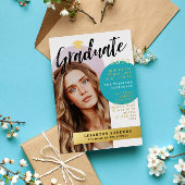 Gold & Blauwgroen Retro Arch Photo Afstuderen Folie Uitnodiging