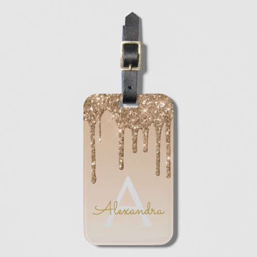 Gold Bling Sparkle Glitter Monogram Naam Bagagelabel (Voorkant (verticaal))